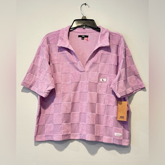 Vans Teri V Neck Lavender Checkered Terry Cloth Polo Shirt, Size L, XL, S - Picture 5 of 9